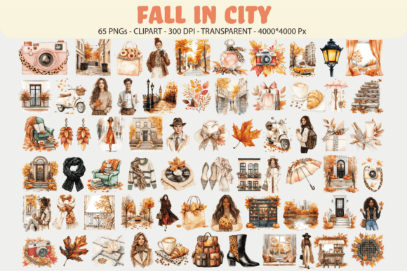 Fall in City Watercolor: 65 Urban Autumn PNGs