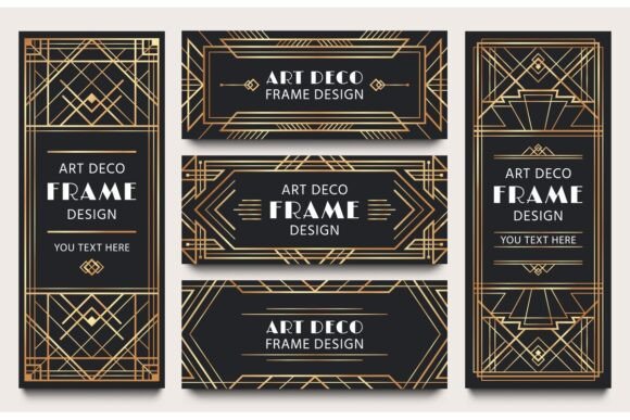 Golden Art Deco Banner Frames: Geometric Elegance for Modern Design