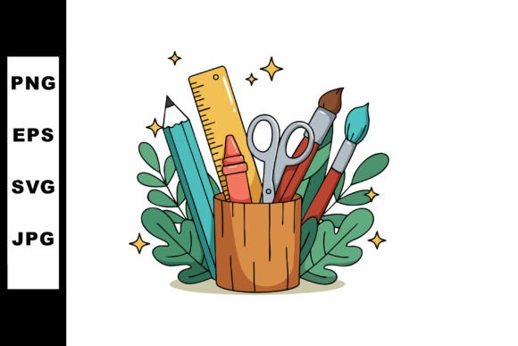 Stationery Items with Pencil, Ruler, Sci