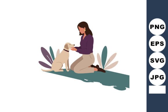 Woman Kneeling and Petting Dog on Ground: Visualizing Calm Connection in Digital Design